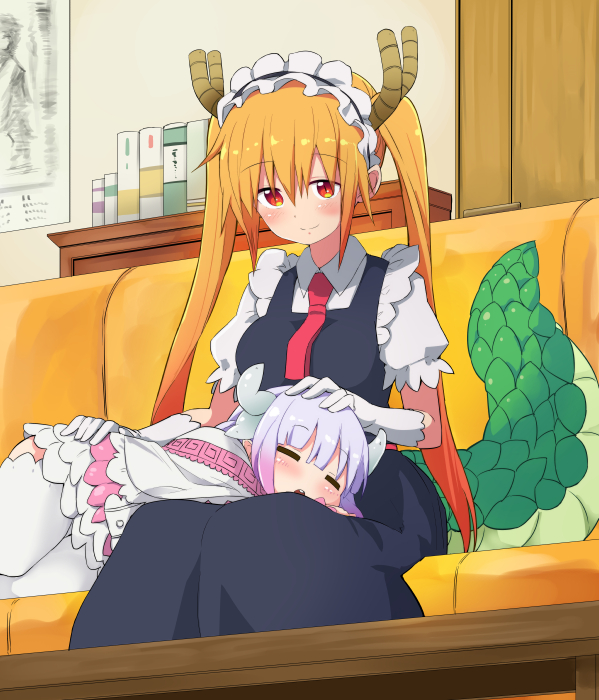 2girls, apron, bangs, blunt_bangs, blush, book, capelet, closed_eyes