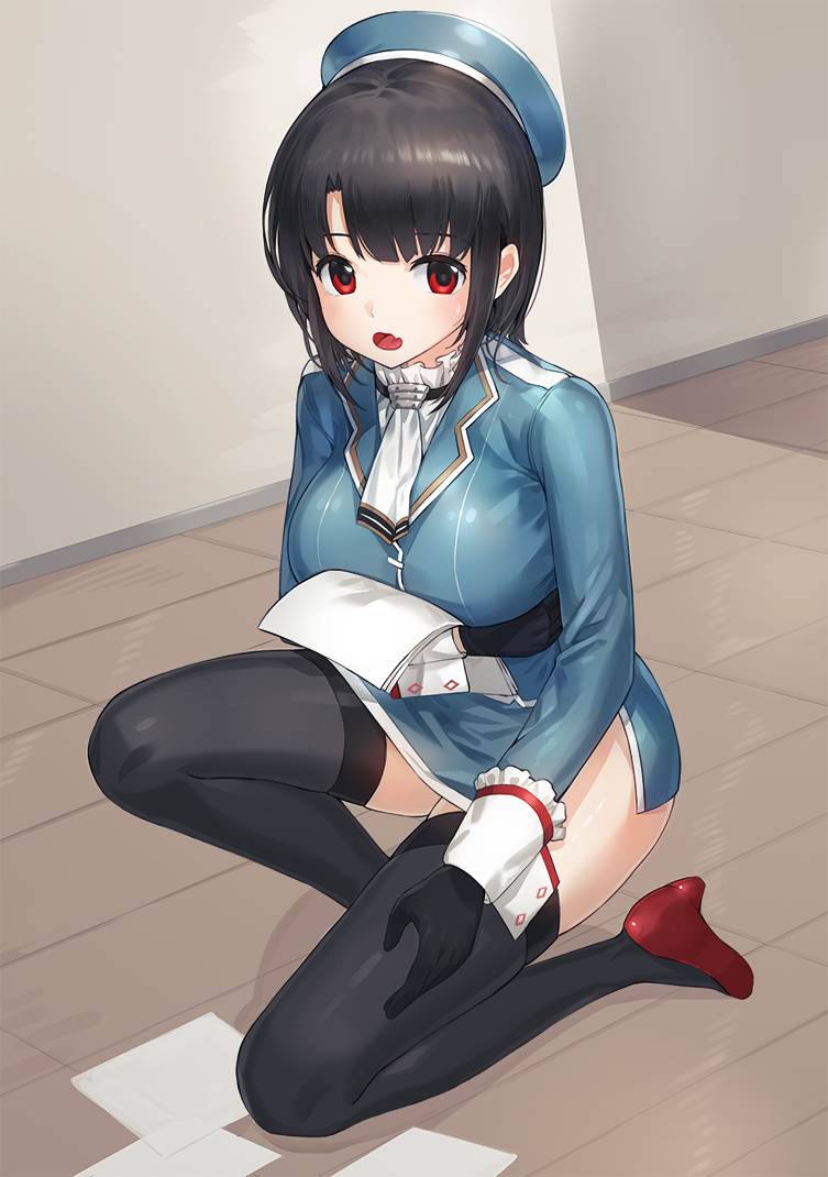1girl, ascot, bangs, beret, black, black_legwear, blue_jacket, blue_skirt