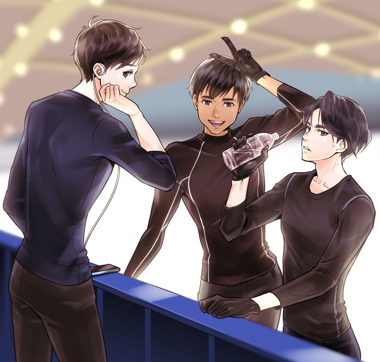 3boys, black_gloves, black_hair, bottle, brown_eyes, cellphone, cst, dark_skin