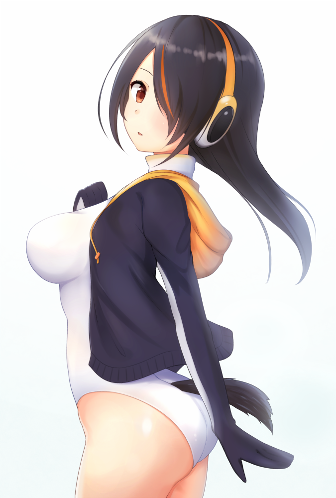 1girl, ass, black_hair, blush, breasts, brown_eyes, emperor_penguin_(kemono_friends), hair_over_one_eye