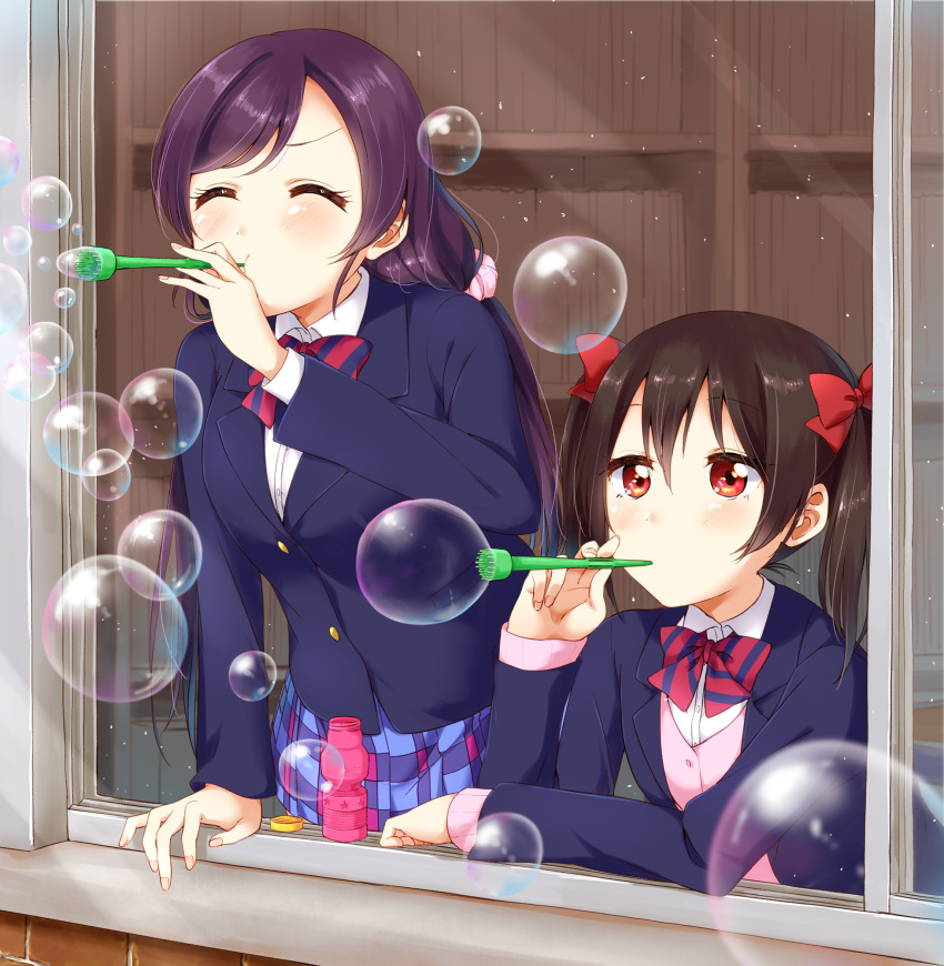 2girls, ^_^, black_hair, blazer, bottle, bow, bowtie, bubble_blowing