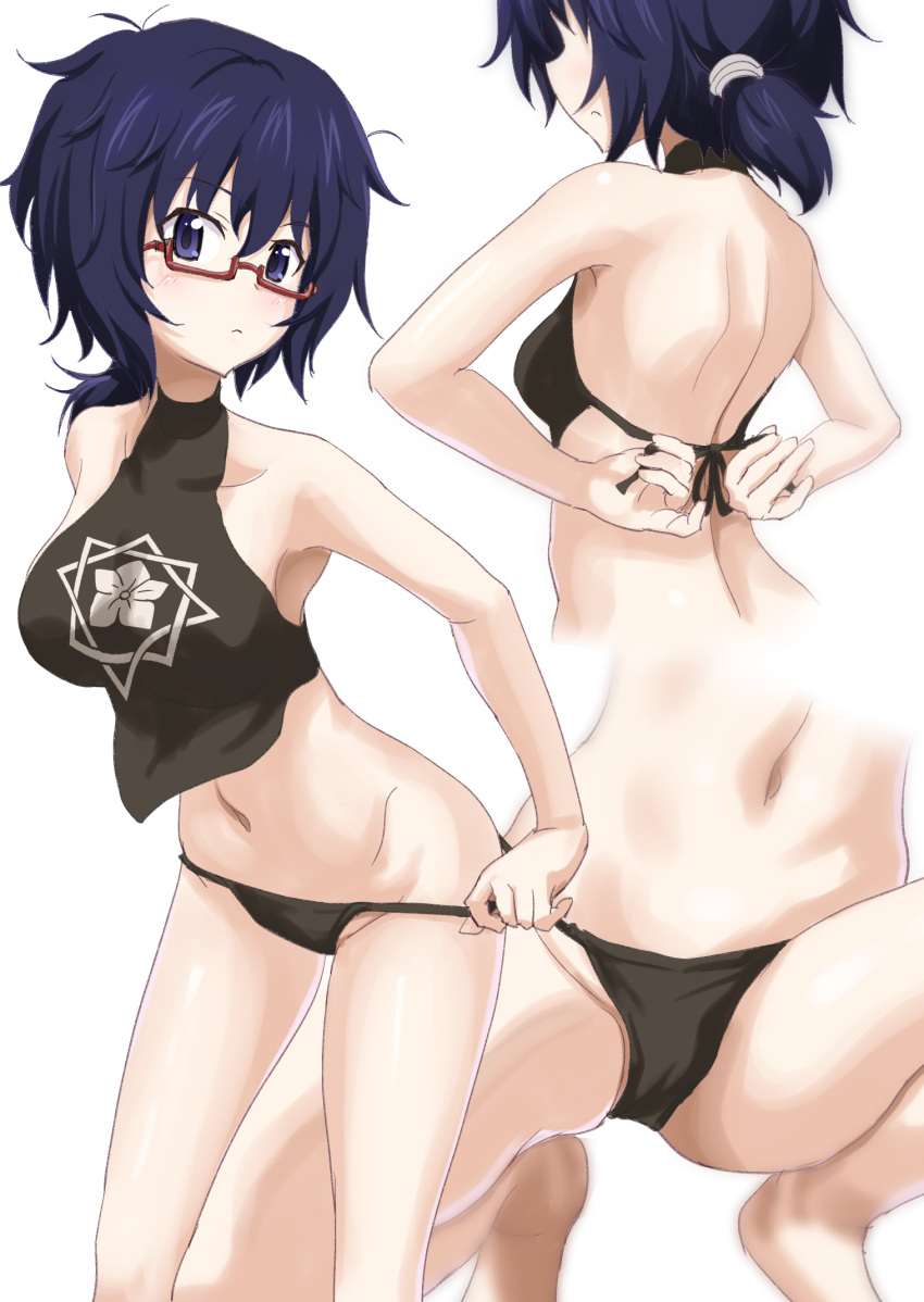 1girl, back, bangs, bare_shoulders, bikini, bikini_pull, black_bikini, blush