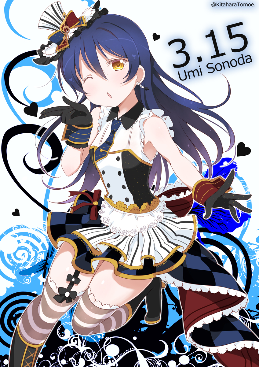 blue_hair, brown_eyes, dress, gloves, lbush, long_hair, love_live!_school_idol_project, maid, smile, sonoda_umi, wink