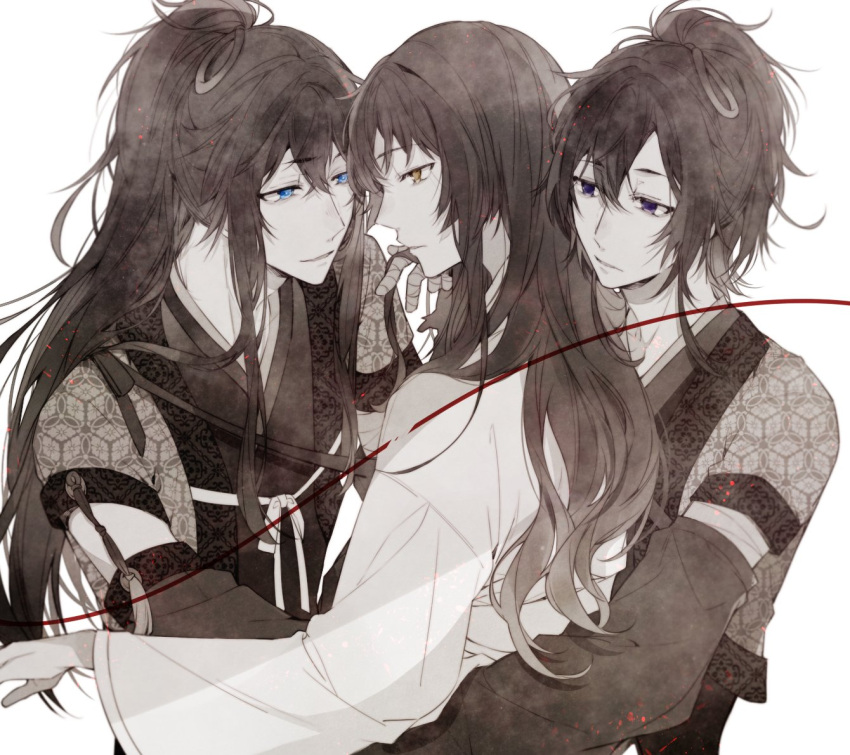 1girl, 2boys, brown_eyes, brown_hair, eye_contact, gaze, hug, kayo_(ken_ga_kimi)