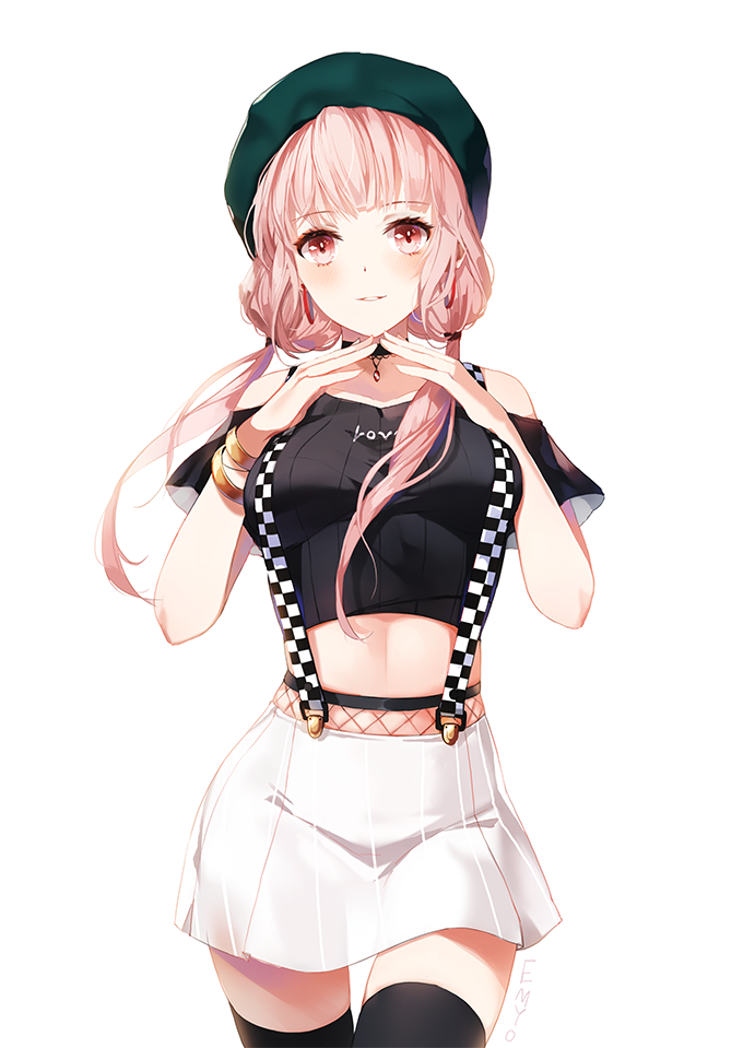 1girl, artist_name, bangs, beret, black_legwear, black_shirt, blush, bracelet