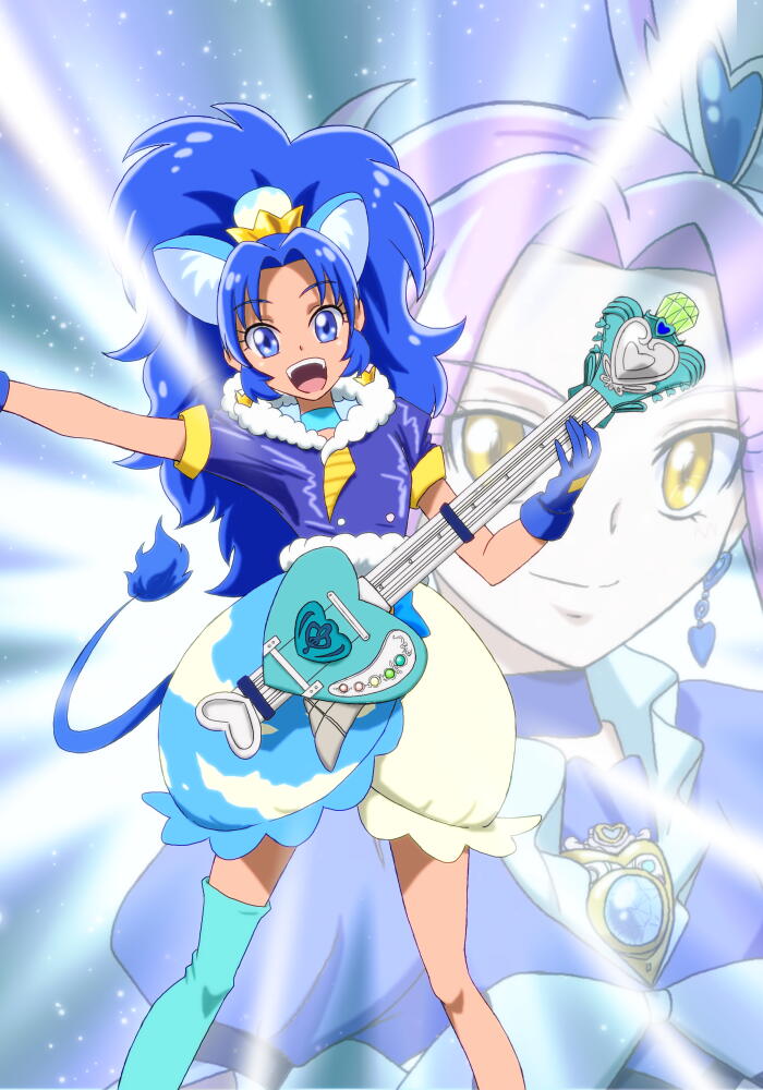 2girls, :d, animal_ears, bangs, blue_choker, blue_eyes, blue_gloves, blue_hair