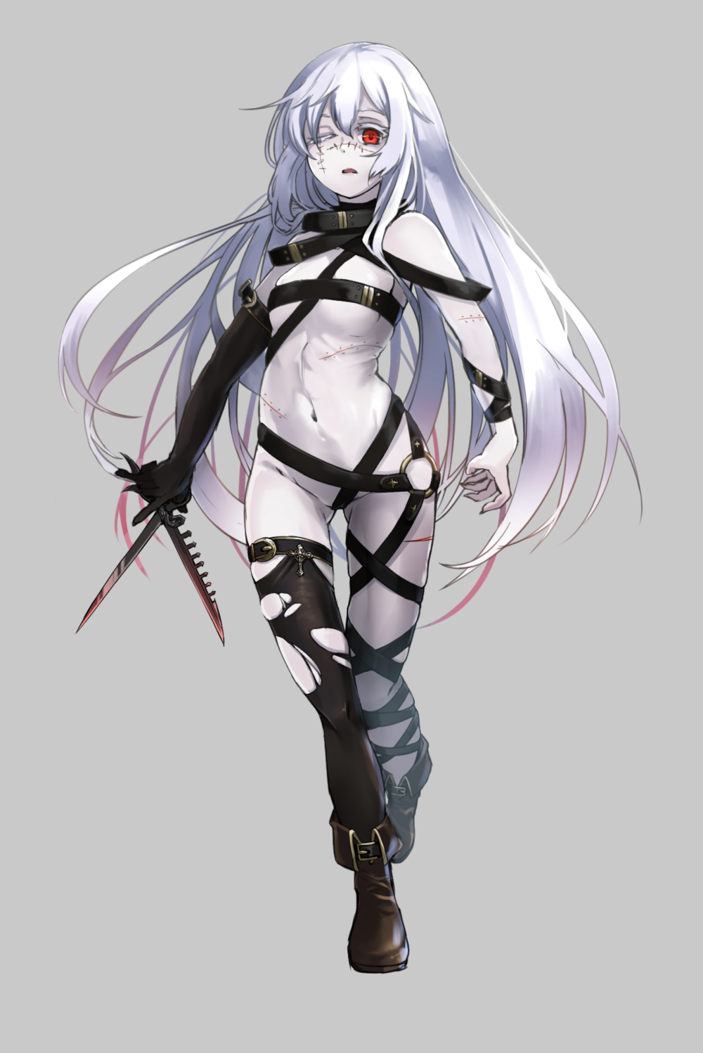 1girl, black_gloves, black_legwear, boots, brown_boots, dagger, elbow_gloves, full_body
