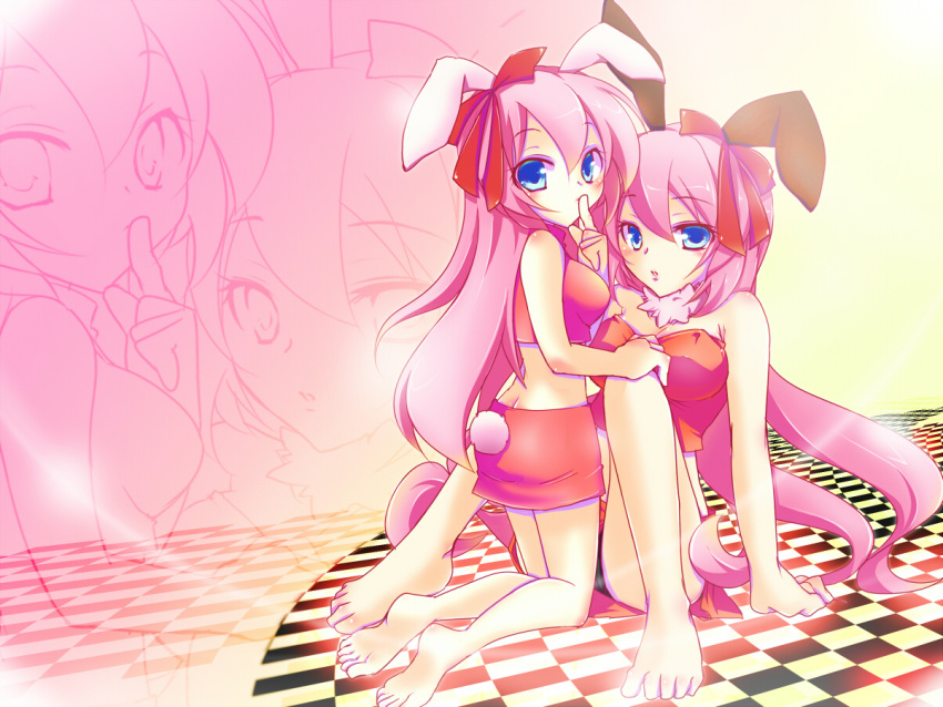 2girls, barefeet, barefoot, blue_eyes, bunny_ears, bunny_tail, bunnygirl, checkered_floor, collar, dual_persona, feet, hair_ribbon, haru_aki, long_hair, megurine_luka, miniskirt, pink_hair, rabbit_ears, ribbon, skirt, tail, vocaloid, zoom_layer