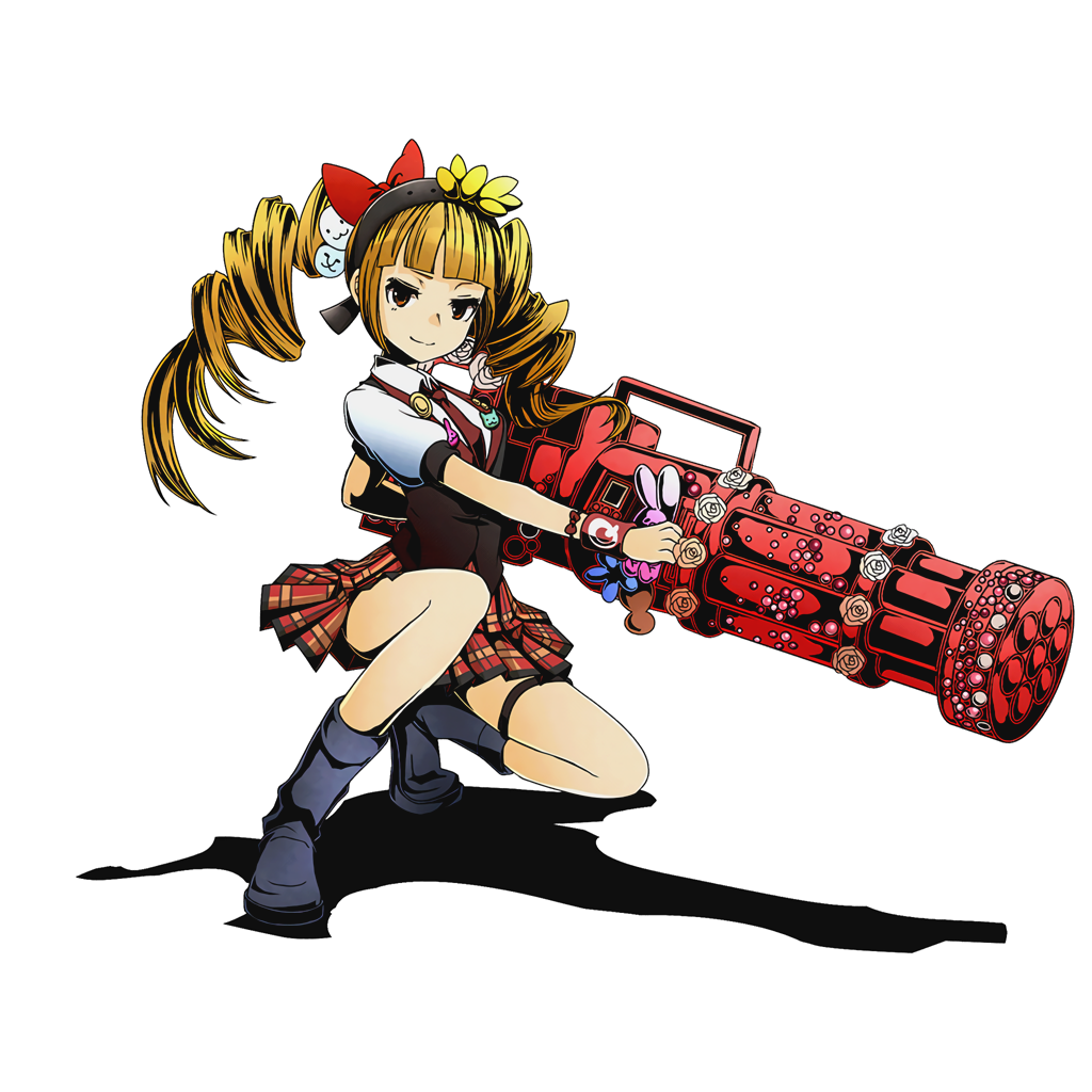 1girl, black_hairband, blonde_hair, bow, brown_eyes, divine_gate, drill_hair, full_body