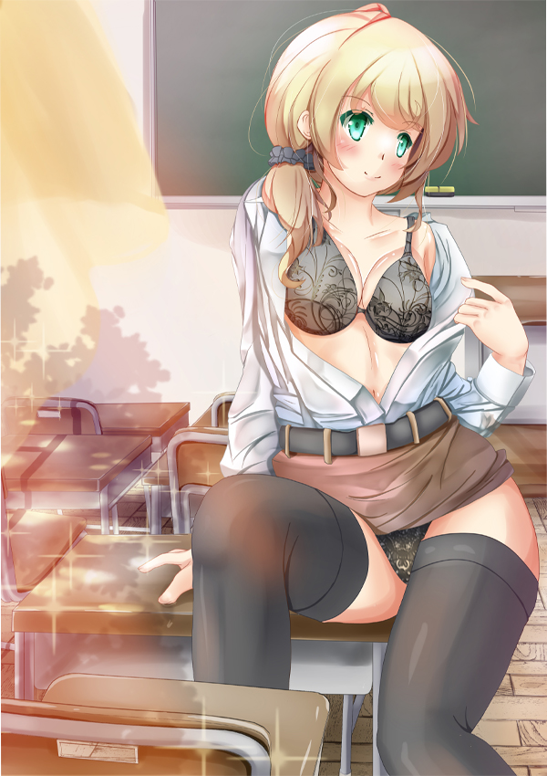 1girl, bangs, belt, black_bra, black_legwear, black_panties, blonde_hair, blush