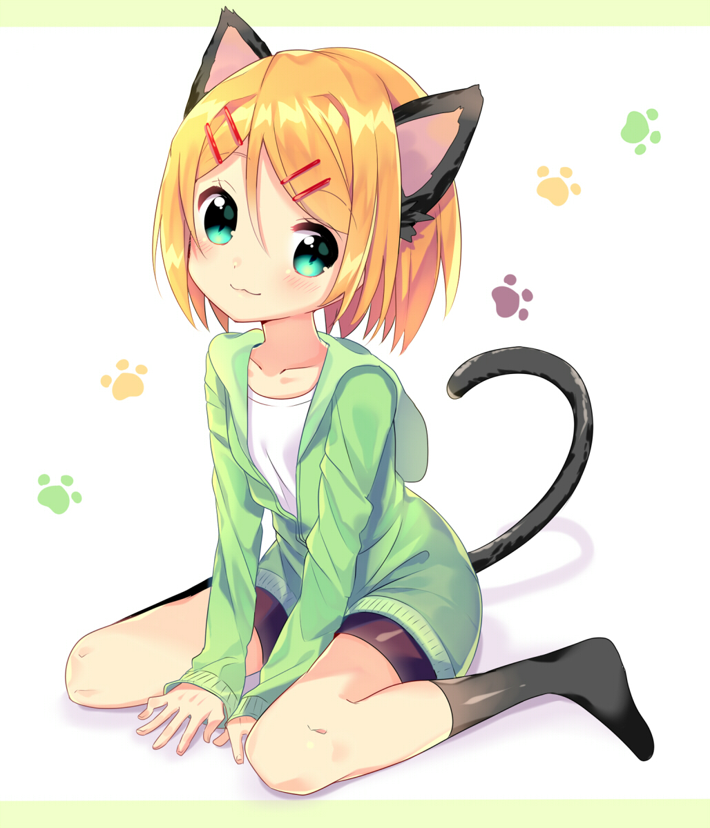 1girl, :3, animal_ears, blonde_hair, blue_eyes, blush, cat_ears, cat_tail, collarbone, eyelashes, full_body, hair_ornament, hairclip, highres, hood, hoodie, ikari_(aor3507), kagamine_rin, legs, long_sleeves, paw_print, short_hair, shorts, simple_background, sitting, socks, solo, tail, vocaloid