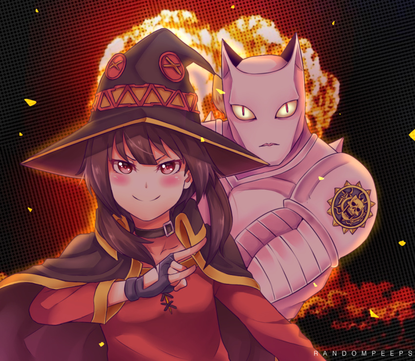 1girl, animal_ears, blush, brown_hair, cape, cat_ears, choker, crossover, dress, explosion, hand_gesture, hat, jojo_no_kimyou_na_bouken, killer_queen, kono_subarashii_sekai_ni_shukufuku_wo!, megumin, randompeeps, red_dress, red_eyes, slit_pupils, smile, witch_hat