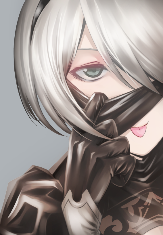 1girl, :p, black_dress, black_hairband, blindfold, blindfold_lift, cleavage_cutout, dress, eyelashes, face, grey_background, hair_between_eyes, hair_over_one_eye, hairband, juliet_sleeves, katou_takaaki, long_sleeves, nier_(series), nier_automata, no_mole, one_eye_covered, puffy_sleeves, ribbed_dress, short_hair, silver_hair, simple_background, solo, tongue, tongue_out, turtleneck, upper_body, white_hair, yorha_no._2_type_b