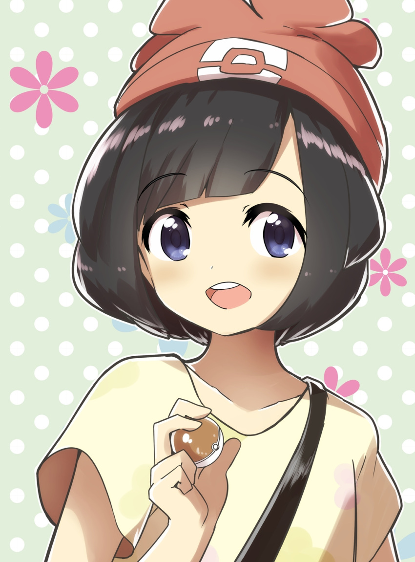 1girl, bangs, beanie, black_hair, blue_eyes, blush, eyebrows_visible_through_hair, female_protagonist_(pokemon_sm)