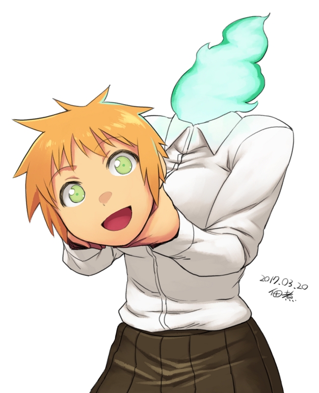 1girl, :d, breasts, brown_skirt, dated, demi-chan_wa_kataritai, disembodied_head, dullahan