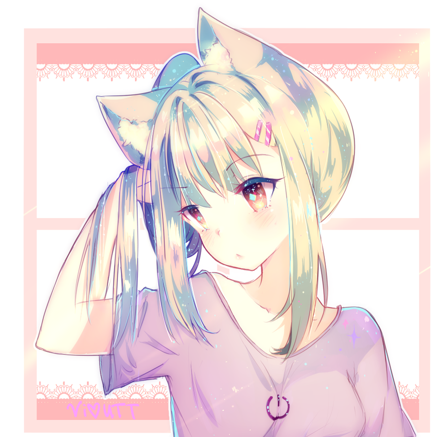 1girl, animal_ears, artist_name, blonde_hair, blush, brown_eyes, cat_ears, hair_ornament