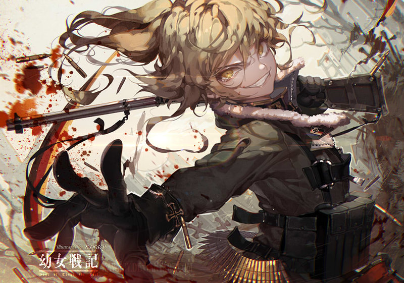1girl, ahoge, bad, belt, blonde_hair, blue_eyes, evil, gloves, grin, gun, hair_between_eyes, hat, iron_cross, kawacy, lolita_anime, lolita_fashion, long_sleeves, looking_at_viewer, military, military_uniform, open_mouth, patreon_username, ponytail, short_hair, smile, solo, tanya_degurechaff, uniform, weapon, youjo_senki