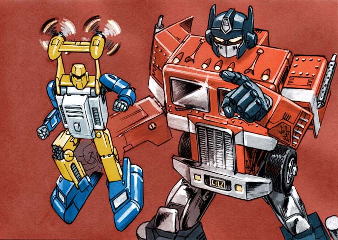 a-loft-on-cybertron, autobot, flying, mecha, optimus_prime, pointing, pointing_forward, propeller