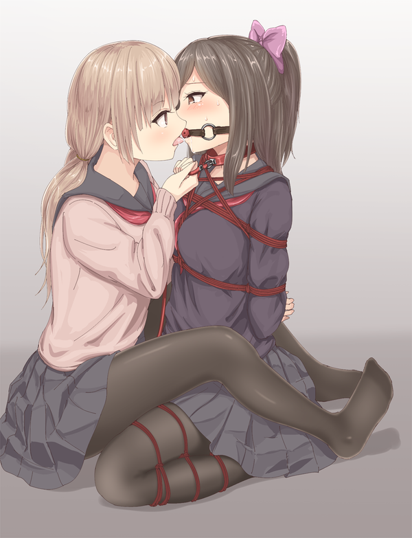 2girls, bad_id, bad_twitter_id, ball_gag, bangs, bdsm, black_hair, black_legwear