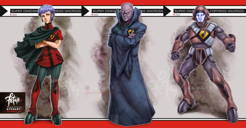 1girl, 2boys, alien, armor, bald, boddole_zer, body_armor, cape