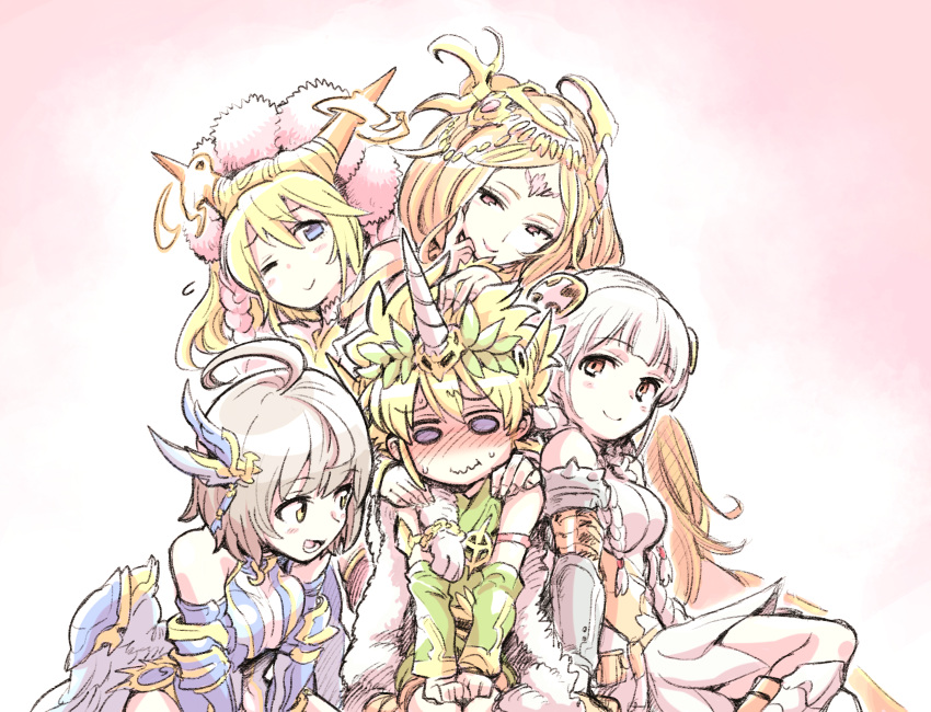 1boy, 4girls, ahoge, apollo_(p&amp;d), bare_shoulders, blue_eyes, blush, braid