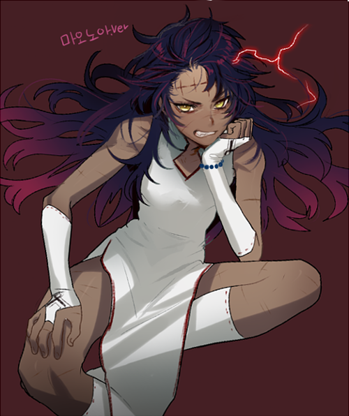 1girl, black_hair, breasts, character_request, chin_rest, china_dress, chinese_clothes, d.gray-man, dark_skin, dress, facial_mark, fingerless_gloves, gloves, gradient_hair, long_hair, multicolored_hair, pink_hair, rod_(rod4817), scar, side_slit, small_breasts, socks, solo, two-tone_hair, white_dress, white_gloves, white_legwear, white_pupils, yellow_eyes