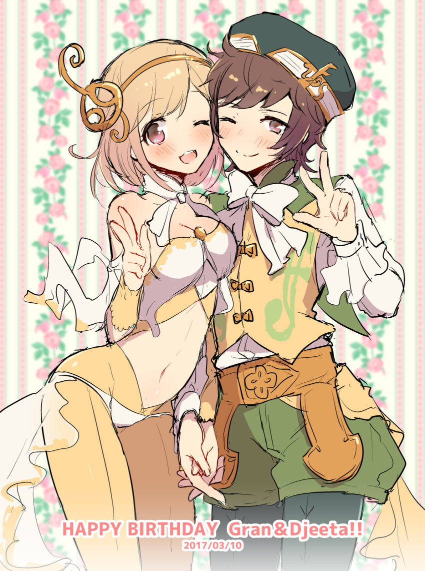 1boy, 1girl, blonde_hair, breasts, brown_eyes, brown_hair, circlet, cleavage