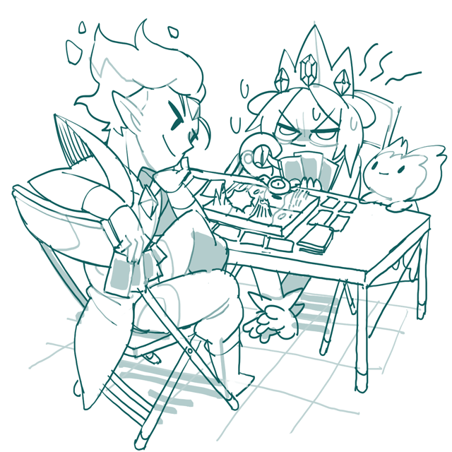 2boys, adventure_time, barefoot, card, chin_rest, crown, finn_mertens, flambo, flame_prince, long_hair, looking_at_another, male_focus, maru_show, mechanical_arm, multiple_boys, short_hair, sitting, table