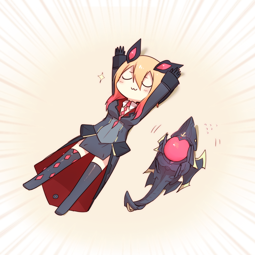 1girl, :3, arms_up, bangs, beige_background, black_gloves, black_legwear, blonde_hair, blush, breasts, character_request, chibi, closed_eyes, closed_mouth, commentary_request, dark_falz_apprentice, detached_collar, diamond_legwear, emphasis_lines, flying_sweatdrops, gem, gloves, gradient, gradient_background, gradient_hair, hair_between_eyes, headgear, leotard, long_sleeves, lying, motion_lines, multicolored_hair, necktie, no_shoes, on_back, open_hands, orange_hair, parted_bangs, pelvic_curtain, phantasy_star, phantasy_star_online_2, red_necktie, short_hair_with_long_locks, showgirl_skirt, sidelocks, simple_background, smile, sparkle, thigh-highs, two-tone_hair, u_u, uwu, white_background, wing_collar