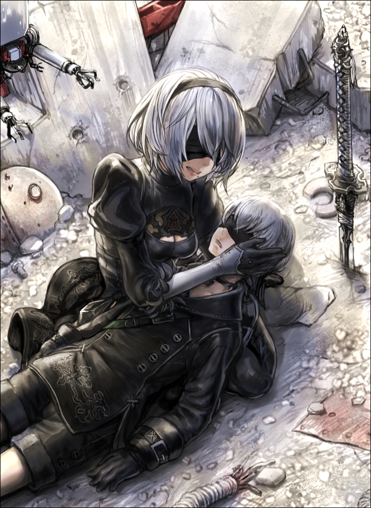 1boy, 1girl, blindfold, boots, breasts, building, burunuu_(bullnukko), buttons
