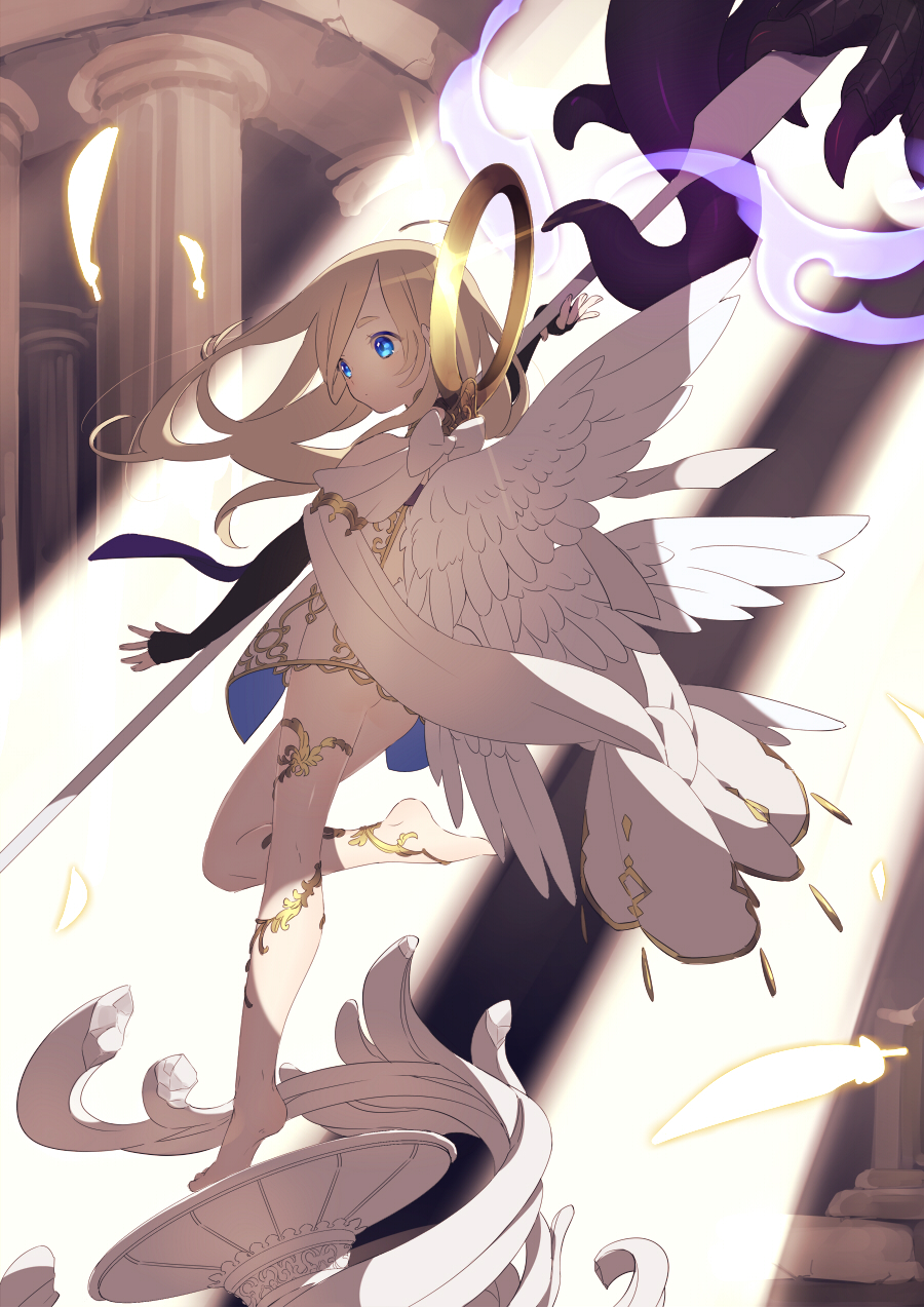 1girl, angel, black_gloves, blonde_hair, blue_eyes, closed_mouth, elbow_gloves, fantasy, feathered_wings, feathers, fingerless_gloves, floating_hair, from_side, gloves, halo, hand_up, highres, holding, holding_staff, leg_up, light_rays, long_hair, looking_to_the_side, ni02_(asahi_nini), original, pillar, robe, solo, staff, sunbeam, sunlight, thighs, white_wings, wings