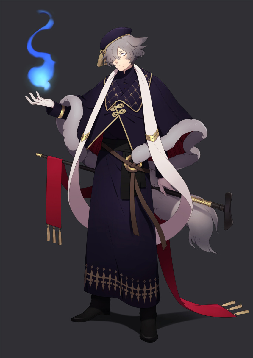 1boy, bangs, beret, black_background, black_shoes, cane, capelet, closed_mouth