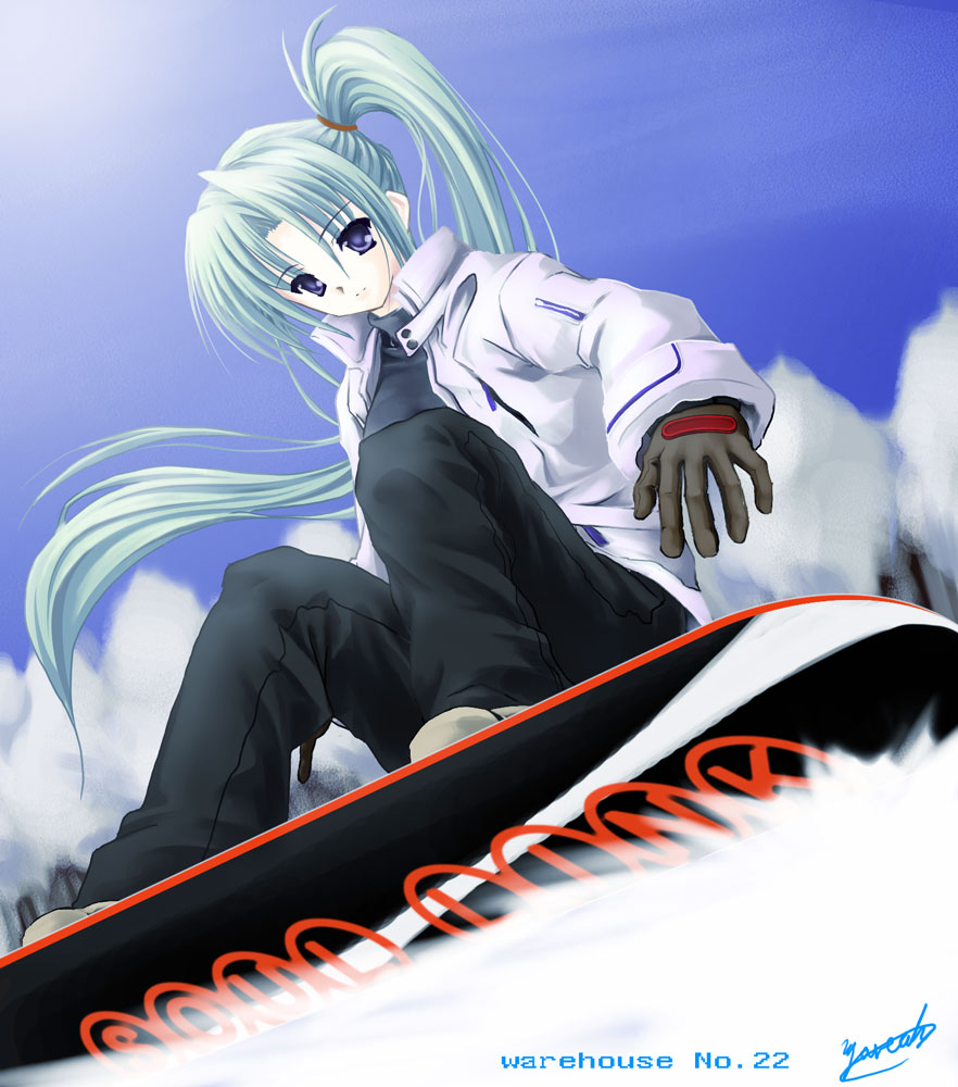 gloves, green_hair, long_hair, ponytail, snow, snowboard, soul_link, yamanami_yu