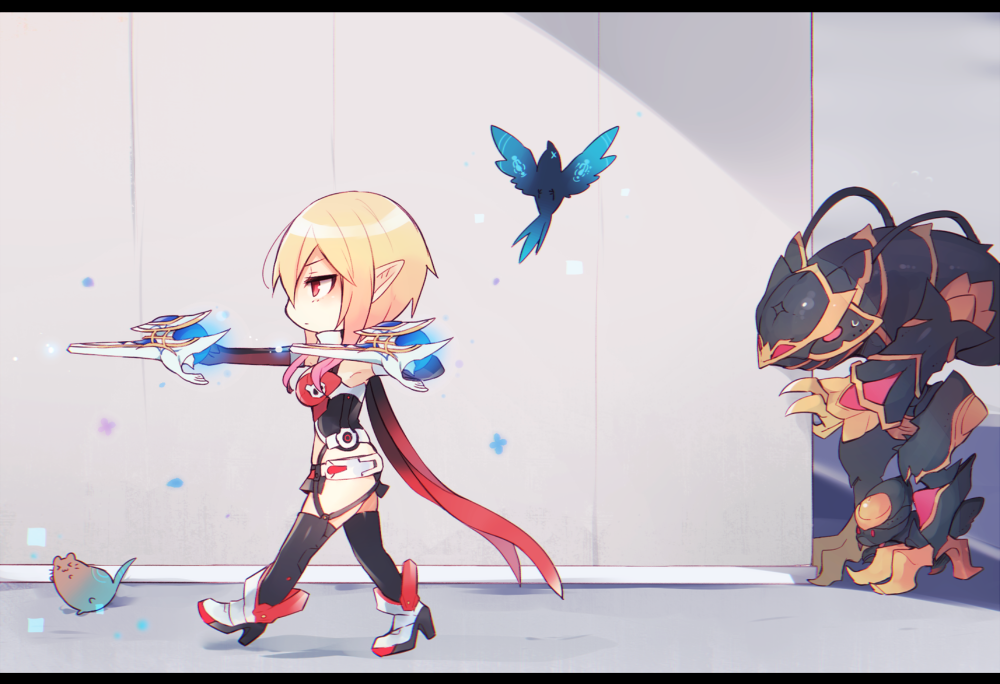 1girl, ahoge, ankle_boots, armpits, arms_up, bangs, bare_shoulders, bird, black_cape, black_legwear, blonde_hair, boots, breasts, cape, cat, character_request, chibi, cleavage_cutout, closed_mouth, commentary_request, elbow_gloves, euclita_(pso2), from_side, garter_straps, gloves, glowing, glowing_weapon, gorget, gradient_cape, gradient_hair, hair_between_eyes, hair_over_shoulder, half-closed_eyes, halterneck, high_heels, indoors, letterboxed, multicolored_hair, muryou, no_nose, orange_eyes, outstretched_arm, parted_bangs, pelvic_curtain, phantasy_star, phantasy_star_online_2, pink_hair, pixels, pointy_ears, red_cape, red_gloves, revealing_clothes, serious, short_hair_with_long_locks, sidelocks, skull_print, slit_pupils, stomach, thigh-highs, two-tone_hair, walking, weapon