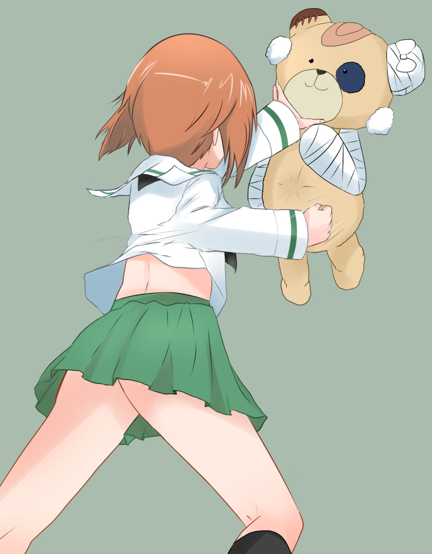 1girl, bandage, bandaid, blouse, boko_(girls_und_panzer), brown_hair, cast, clenched_hand