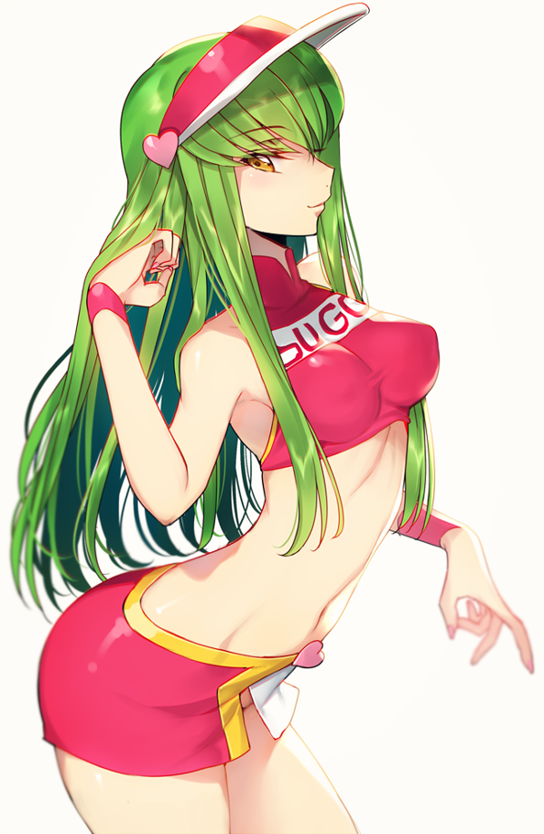 1girl, arched_back, armpits, bangs, bare_shoulders, breasts, c.c., code_geass