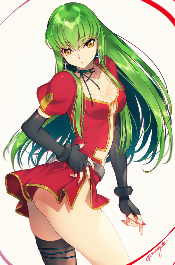 1girl, ass, black_gloves, breasts, c.c., cleavage, code_geass, cosplay, creayus, dress, earrings, eclair_(kiddy_grade), eclair_(kiddy_grade)_(cosplay), elbow_gloves, fingerless_gloves, gloves, green_hair, hand_on_hip, jewelry, kiddy_grade, lipstick_tube, long_hair, medium_breasts, nail_polish, navel, red_nails, simple_background, single_thighhigh, solo, thigh-highs, twitter_username, white_background, yellow_eyes