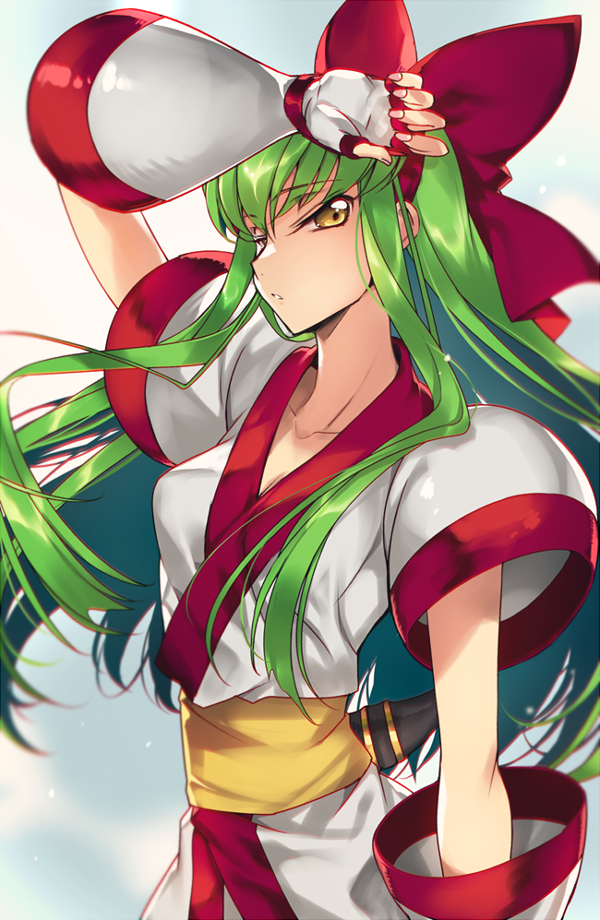1girl, breasts, c.c., code_geass, cosplay, creayus, green_hair, hair_ribbon