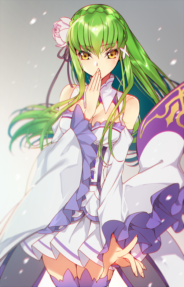 1girl, bangs, bare_shoulders, black_ribbon, blush, braid, breasts, c.c.