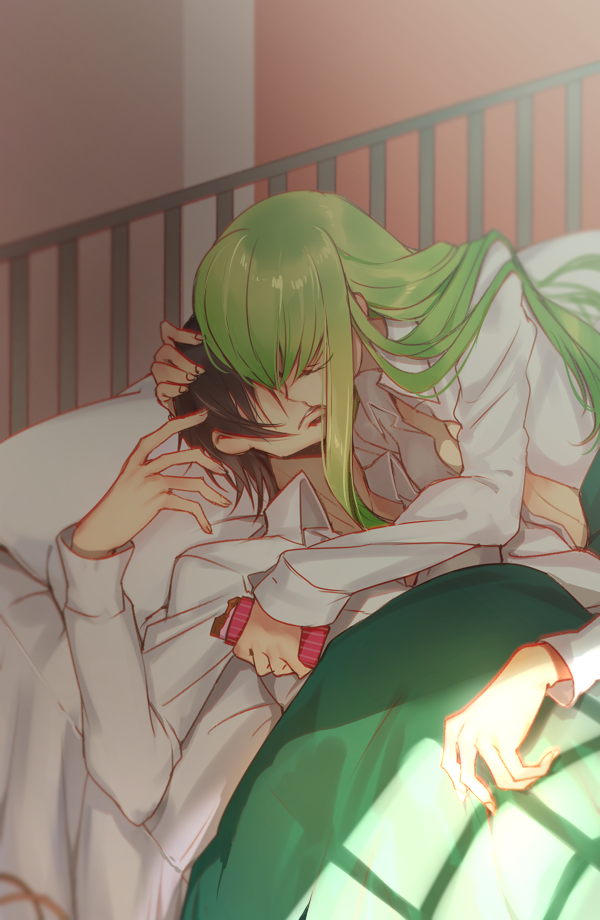 1boy, 1girl, bangs, black_hair, c.c., chocolate, closed_eyes, code_geass