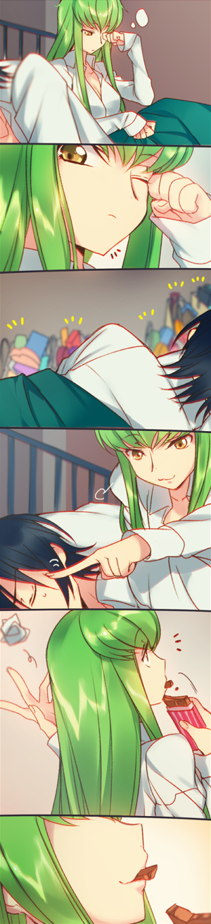 /\/\/\, 1boy, 1girl, 6koma, bangs, breasts, c.c., cheek_poking