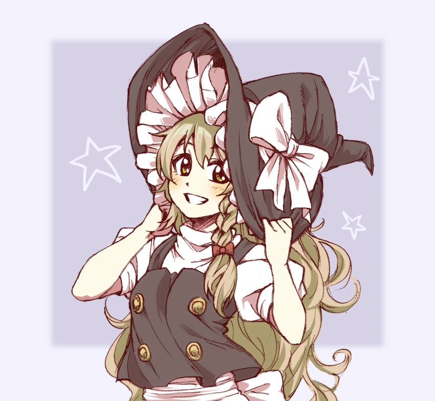 1girl, black_vest, blonde_hair, blouse, blush, bow, braid, buttons