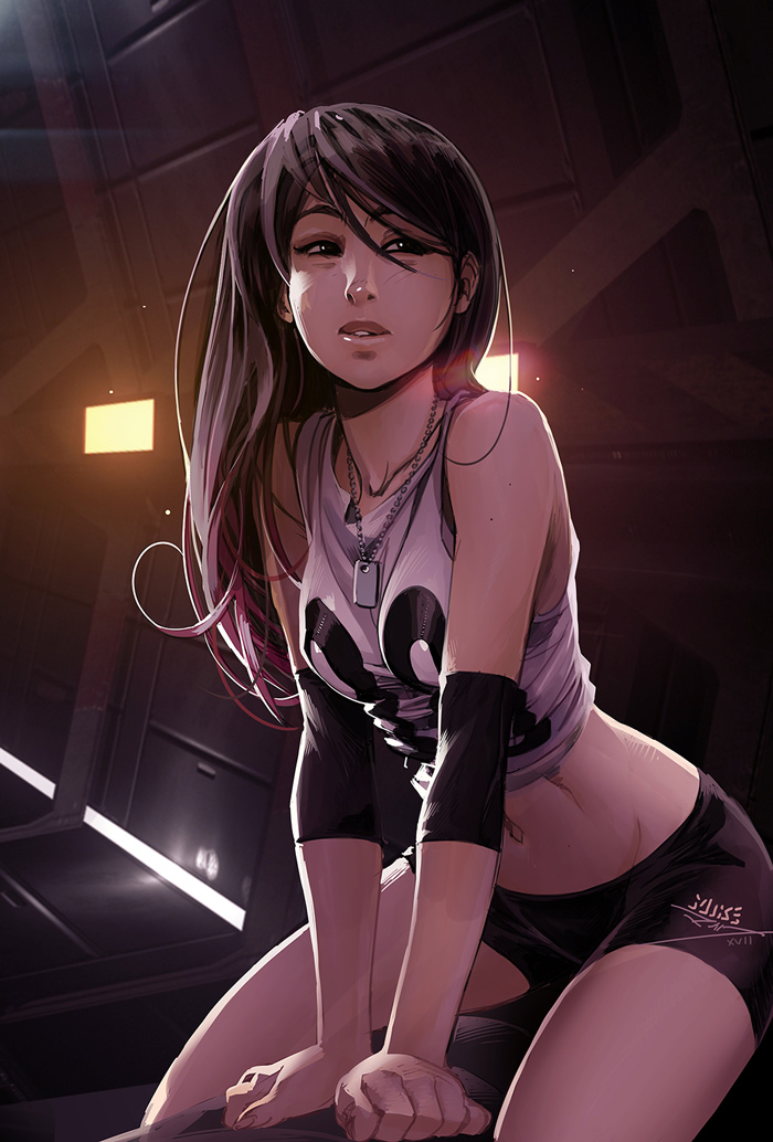 1girl, 88_(mike_nesbitt), black_eyes, black_hair, breasts, dog_tags, elbow_pads, jersey, lips, long_hair, midriff, mike_nesbitt, navel, original, short_shorts, shorts, small_breasts, solo, straddling