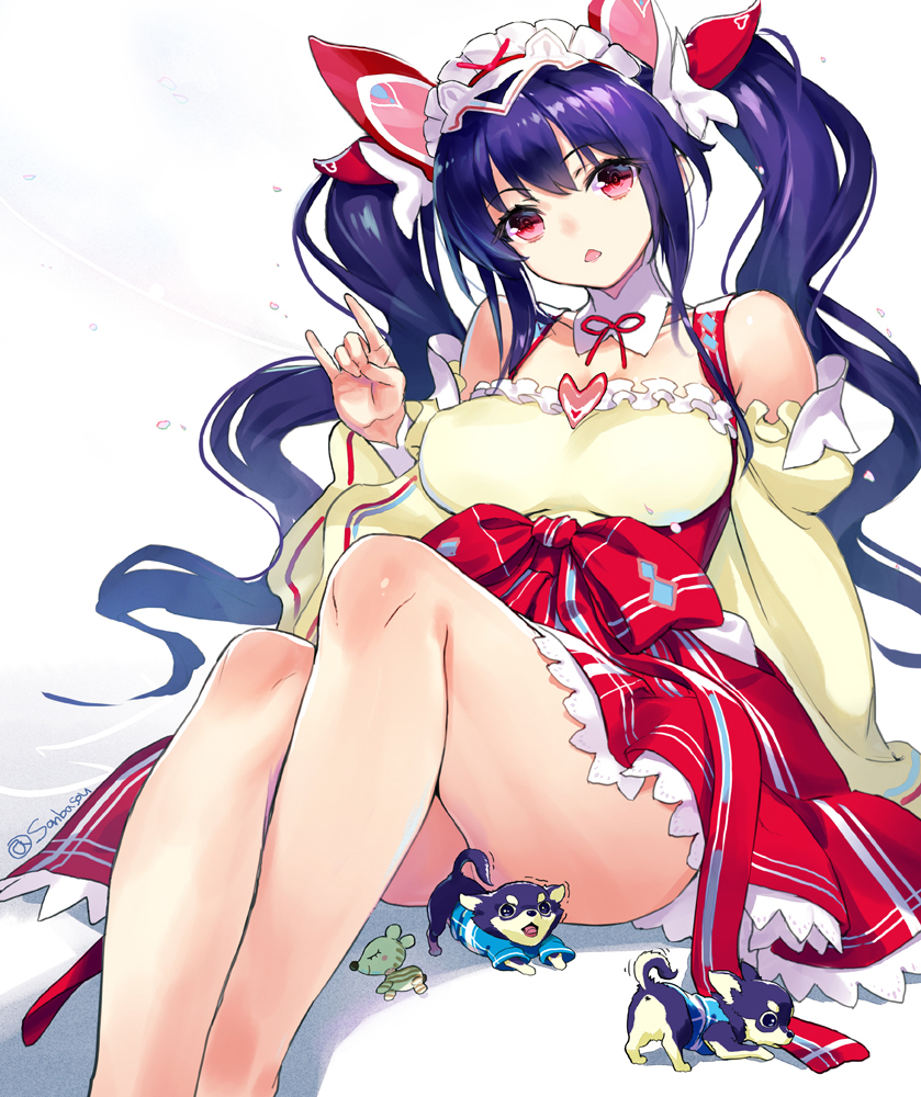 1girl, bangs, breasts, chihuahua, dog, eyebrows_visible_through_hair, frills, grey_background
