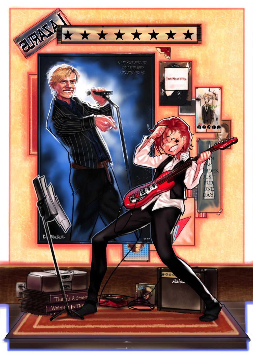 1boy, 1girl, album_cover, amplifier, belt, black_vest, blonde_hair, blue_eyes