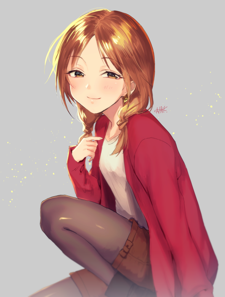 1girl, black_legwear, brown_eyes, brown_hair, earrings, from_side, jewelry, legwear_under_shorts