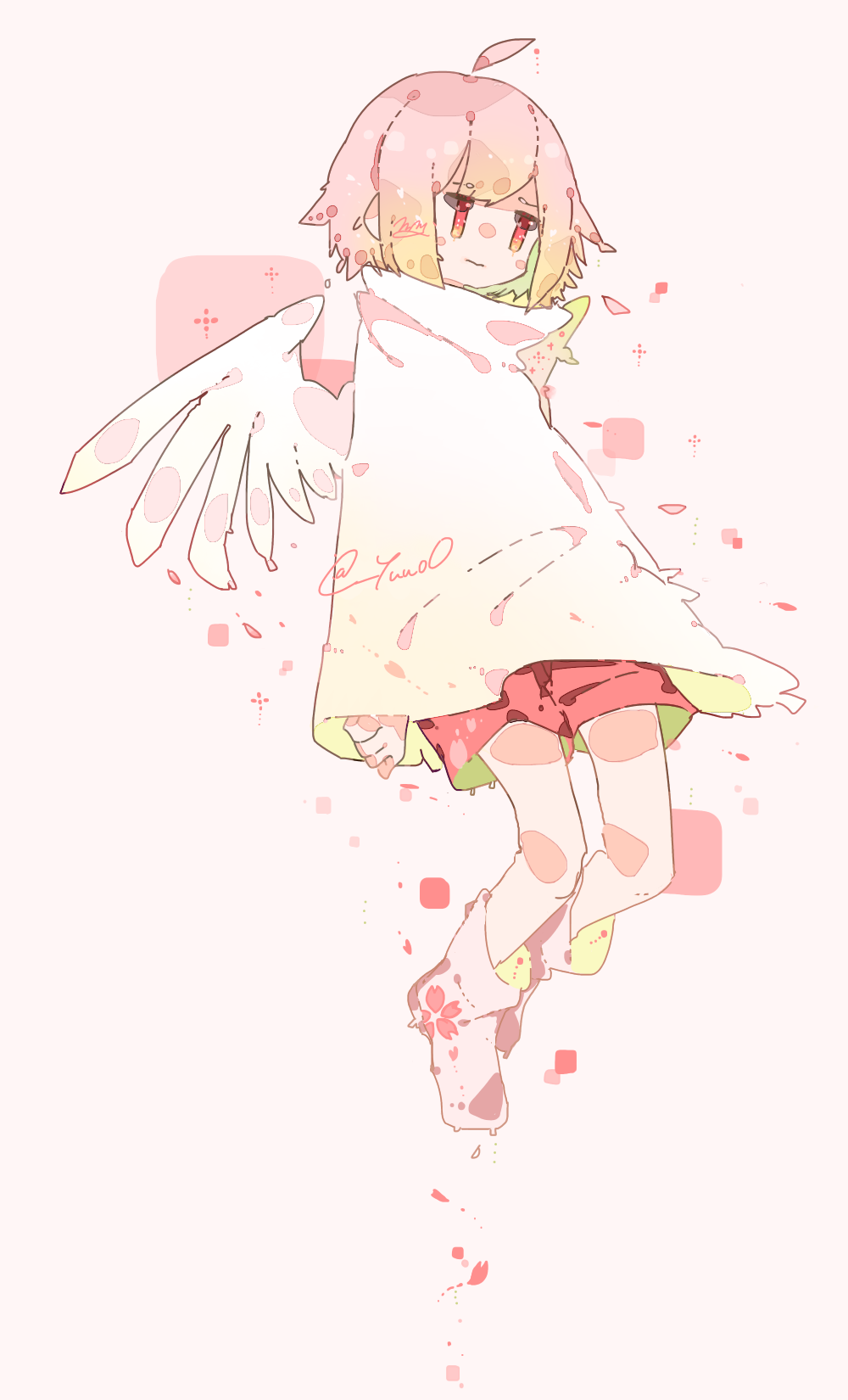 1girl, ahoge, angel, angel_wings, artist_name, baggy_clothes, blush, bob_cut, capelet, cherry_blossoms, feathered_wings, floating, flower, highres, mini_wings, original, pale_skin, pastel_colors, petals, pink_hair, red_eyes, short_hair, shorts, signature, solo, wings, yuuo0
