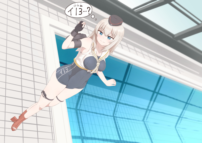 1girl, bangs, between_breasts, black_gloves, black_swimsuit, blue_eyes, blush, boots