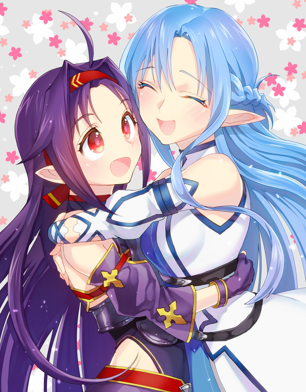 2girls, :d, ahoge, asuna_(sao), asuna_(sao-alo), bare_shoulders, blue_hair, blush