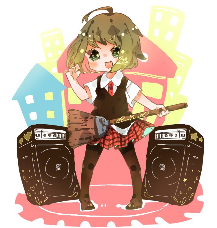 1girl, broom_guitar, building, eyelashes, green_eyes, green_hair, gumi, heart